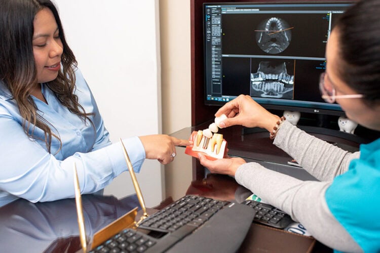 Dental professional explaining implant treatment using a model and digital imaging